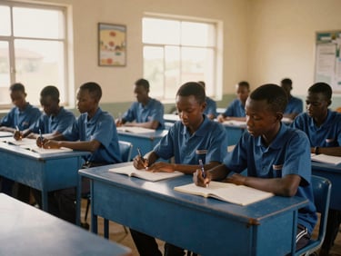 Dignified medium shot of a modern bright classroom in Nigeria, students engaged in collaborative learning under natural window light, medium format film