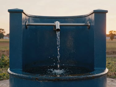 A clean modern water well structure in a rural community, clear water flowing, soft warm morning light, documentary style