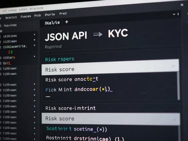 A high-fidelity technical diagram of a JSON API response payload, showcasing real-time KYC status, risk score, and instant limit assignment fields in a dark-themed code editor.