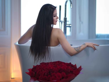 Woman in bathtub with red roses, birthday photoshoot, shot by Fred Art Studio