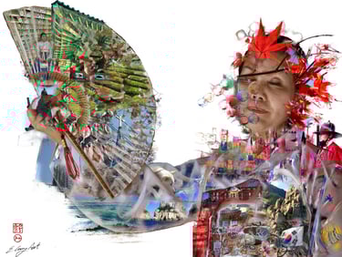 digital photo montage print, portrait woman, South Korea, collage photography, travel enthusiast 