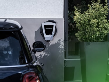 Elektromobilis įkraunamas su įkrovimo stotele šalia namų