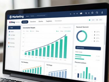 Close-up of a modern digital marketing dashboard showing rising lead conversion rates and analytics, bright natural daylight, deep navy accents, crisp focus, professional editorial style