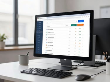A clean modern office desk with a monitor displaying search engine optimization metrics and local search rankings, bright natural daylight, crisp focus
