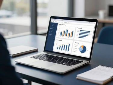 Professional workspace setup with a laptop showing marketing analytics, bright natural daylight, deep navy accents, crisp focus, professional editorial style
