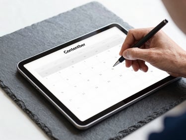 A designer sketching out a content calendar on a tablet, modern corporate photography style, bright natural daylight, slate accents
