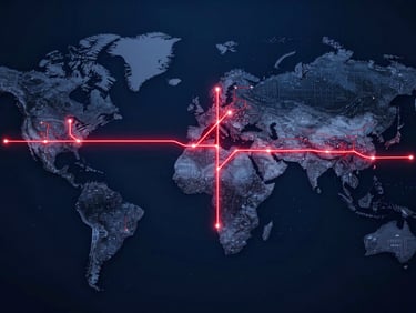 Abstract glowing global transit map with red route lines on a dark blue background