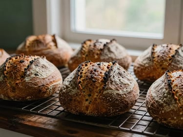 Artisanal sourdough loaves cooling on a dark wooden rack, soft morning window light, warm tones, 35mm style
