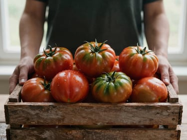 Hands holding freshly harvested organic heirloom tomatoes in a weathered wooden crate, soft field light, matte texture