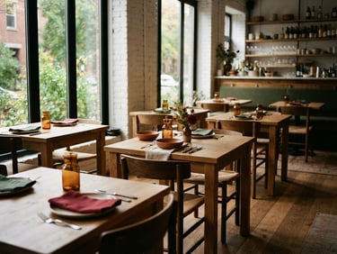 Cozy Scandinavian-style restaurant dining room, empty wooden tables, soft natural window light casting gentle shadows, matte texture, 35mm