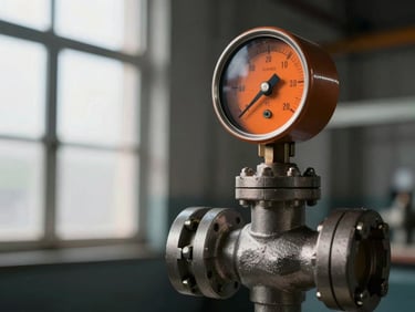 Close-up of a heavy cast iron pressure regulating valve with a clean orange gauge indicator, dramatic side light, 50mm lens