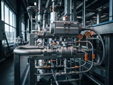 Macro shot of a heavy-duty stainless steel control valve manifold in a clean industrial mechanical room, dramatic lighting, cool steel tones, 50mm lens