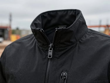 Detail close-up of Stormtech jacket collar and zipper hardware on an overcast outdoor jobsite, even diffused daylight, black technical fabric texture visible, no faces, construction environment in background
