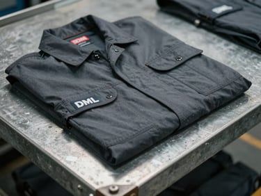 Close-up of DML branded workwear accessory laid flat on a raw steel warehouse shelf, overcast industrial lighting, stitching and material grain visible, no people, muted tones