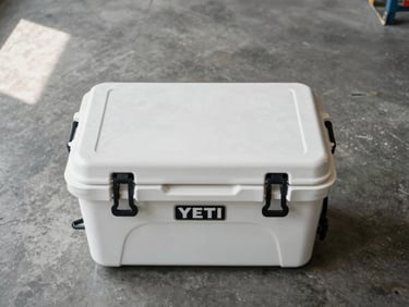 Overhead flat-lay of a Yeti Tundra hard cooler on a concrete warehouse floor, lid closed, latches visible in sharp detail, overcast industrial lighting, no warmth