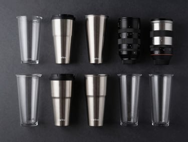Overhead studio flatlay of Starline branded drinkware assortment on a dark matte surface, even cold studio lighting, silver and black product finishes, clean shadows, no text visible