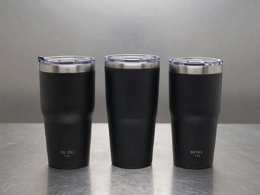 Wide studio shot of a Yeti Rambler 20 oz tumbler and 30 oz tumbler side by side on a brushed steel surface, even overhead lighting, no color grading, matte finish visible
