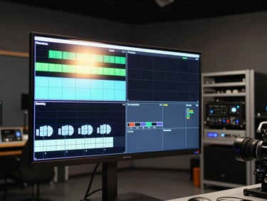 Wall-mounted professional display in a broadcast studio showing signal monitoring interface, dark room with equipment racks in background, screen glow the primary light source, clean professional installation