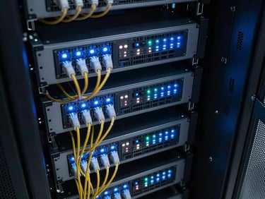 Overhead shot of organized server rack with blinking status LEDs and fiber optic cables, dark data center environment, cool blue ambient light from equipment indicators, clean cable management visible