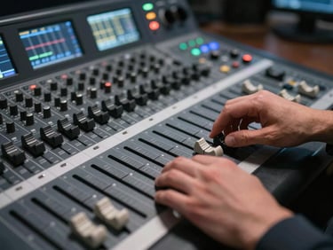 Close-up of hands adjusting faders on a professional radio mixing console, screen glow reflecting off metal hardware, dark studio environment, precise finger placement on broadcast desk controls