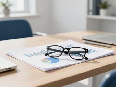Focus on a clean wooden desk with financial charts and a pair of glasses, sunlit modern office interior, professional 35mm