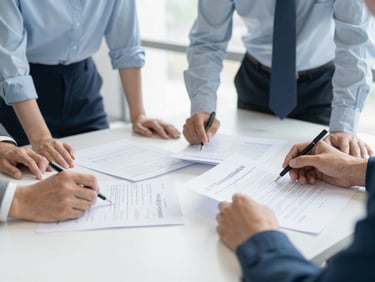 Collaborative planning session showing hands over documents, natural high-key daylight, bright corporate photography