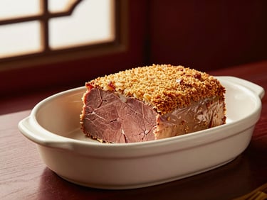 Artisanal duck terrine in a traditional ceramic dish, golden crust on top, warm atmospheric lighting, shallow depth of field, 35mm photography