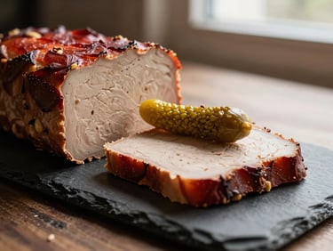 A rustic slice of country pâté on a dark slate board, coarse texture visible, garnished with a single cornichon, warm dramatic side lighting, shallow depth of field, 35mm photography
