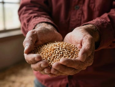 Close-up of a farmer's weathered hands holding organic grain in a rustic barn, warm side lighting, rich textures, shallow depth of field, 35mm