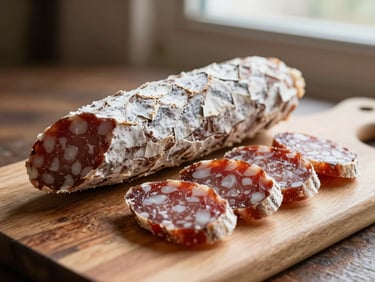 Whole and sliced artisanal saucisson on a wooden cutting board, white natural bloom on the skin, warm side-lit background, shallow depth of field, 35mm photography