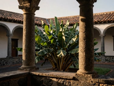 Architectural detail of a quiet Canarian courtyard, stone pillars, warm light, lush green leaves, muted earth tones.