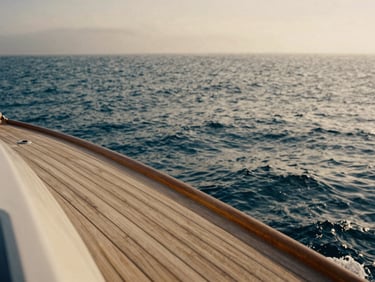 Close-up of a wooden yacht deck cutting through deep blue Atlantic waters, soft coastal mist, warm editorial photography.