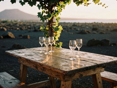 Rustic wooden table with wine glasses, warm side-lighting filtering through grapevines, volcanic soil, 35mm film aesthetic.