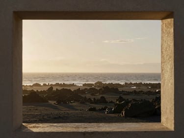 Soft coastal haze over the dramatic Atlantic horizon, viewed through a minimalist stone arch, warm golden hour.