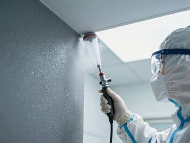 Macro shot of a certified inspector in clean protective gear using a wet-method spray on a textured ceiling material, cool clinical lighting