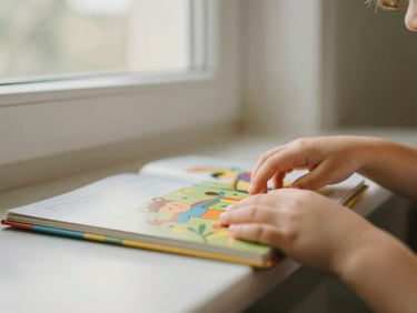 Child's hands reaching for a colorful picture book on a low shelf, warm natural light, shallow depth of field.