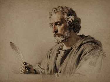Chiaroscuro sketch of a forgotten philosopher-poet, holding a quill, dramatic low-key lighting, subtle saffron undertones.