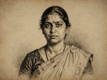 Fine-line charcoal drawing of a pioneering female educator from Maharashtra, solemn expression, soft focus, warm parchment texture.