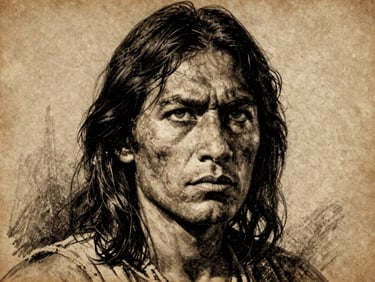 High-contrast charcoal sketch of a 19th-century tribal rebellion leader, intense gaze, textured handmade paper background, deep shadows.
