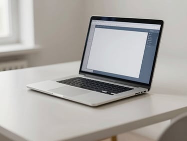 Close-up of a clean minimalist workspace with a laptop open showing a digital template, soft diffused natural studio light, neutral tones with blue accents, 35mm lens