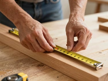 A close-up of a carpenter's hands neatly measuring a warm oak wooden beam with a classic tape measure, soft natural golden light, clean and organized residential workspace.