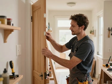A warm, naturally lit residential hallway where a friendly carpenter is carefully adjusting a wooden door hinge, tools neatly organized nearby, lived-in home warmth.