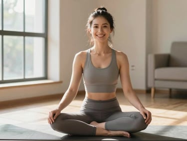 Portrait of a friendly female yoga teacher with a warm smile, sitting cross-legged on a yoga mat in a sunlit home studio, natural morning light.