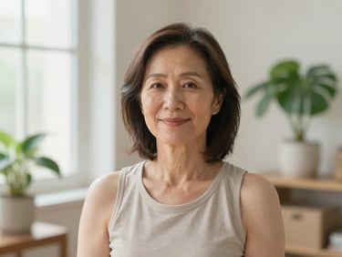 Portrait of a mature female yoga guide with soft lighting, smiling gently, peaceful home setting with green plants.