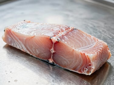 Close-up cross-section of a thick fish fillet on stainless steel surface under bright cool diffused light, flesh colour and texture fully visible, clinical framing, no garnish