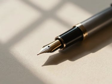 A close-up of a fountain pen resting on textured heavy cotton paper, casting sharp, elegant diagonal shadows from warm afternoon window light.