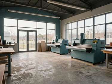 Wide panoramic view of a modern carpentry workshop, clean concrete floors, high-end cutting machinery on the right, large windows with soft natural daylight, no clutter.