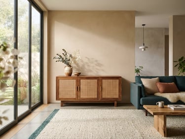 architectural interior photography of a modern minimalist living room featuring a premium wooden sideboard, soft natural window light casting gentle shadows, warm sand tones, medium format, highly detailed