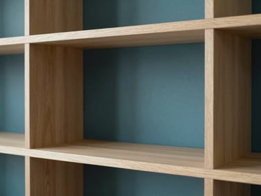 Studio shot of a minimalist solid wood shelving unit, clean architectural lines, soft natural lighting, architectural interior style