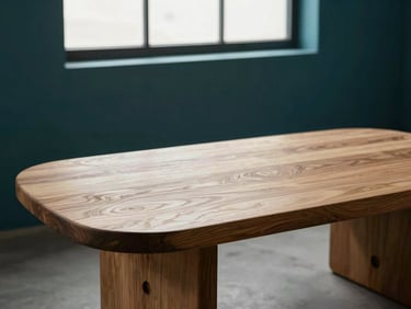 Studio shot of a low wooden coffee table with organic rounded corners, soft window light, detailed wood texture, architectural interior style